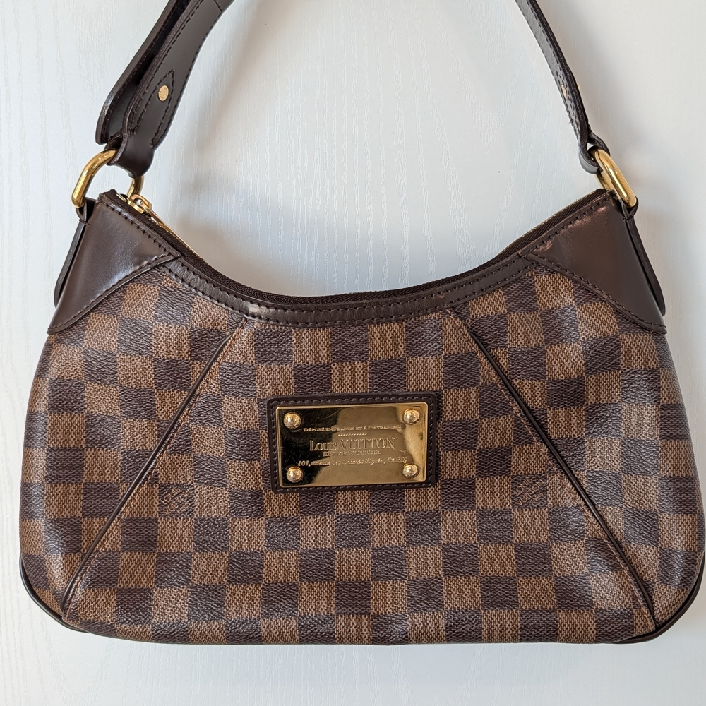 Louis Vuitton Brown Damier Ebene Checkered Shoulder Bag with Gold Plaque